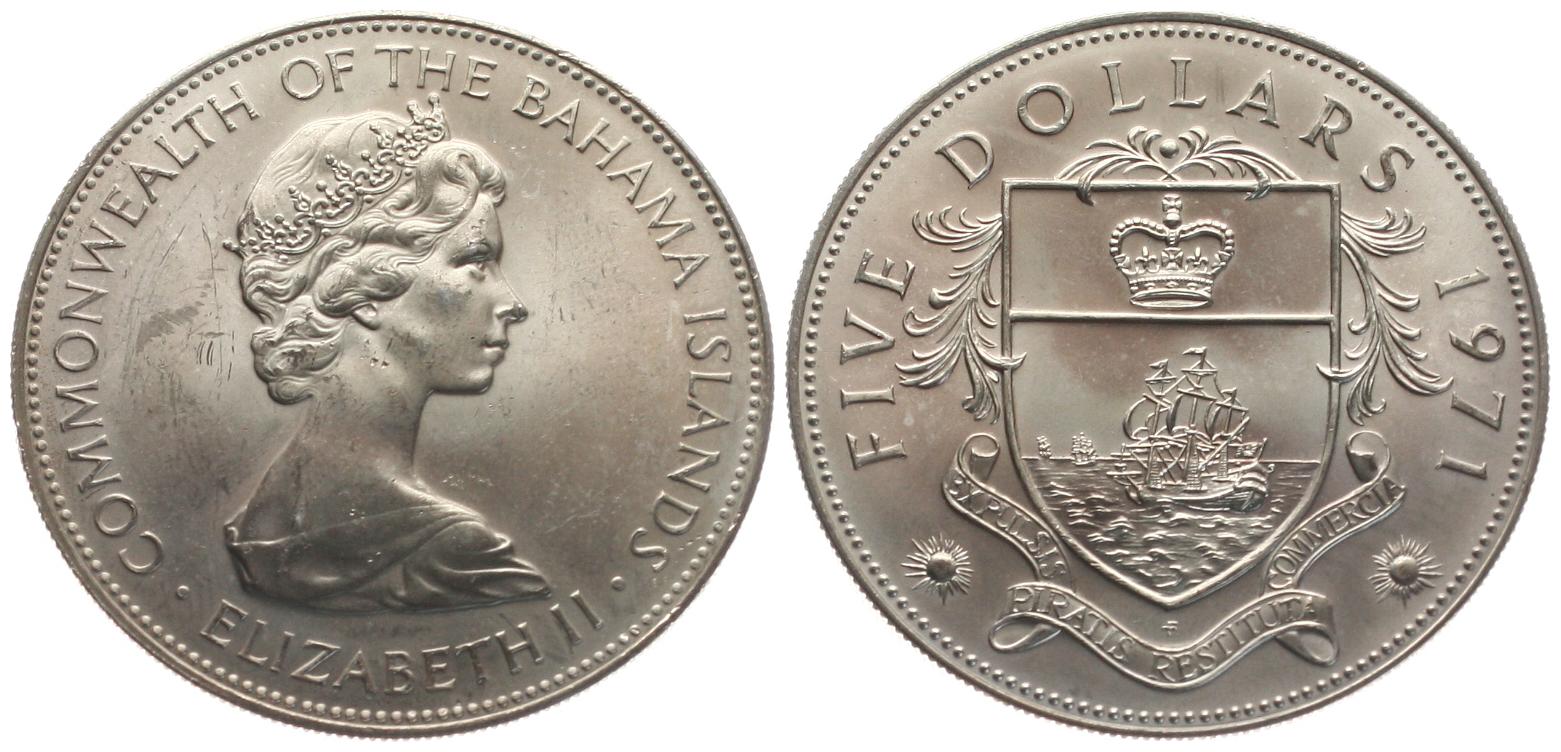  Bahamas: Elisabeth II., 5 Dollar 1971, 42,12 gr. 925er Silber, ø = 45mm, TOP-Erhaltung!   