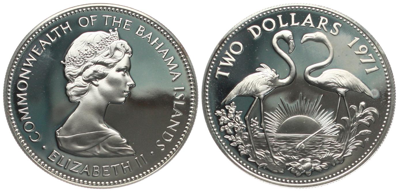  Bahamas: Elisabeth II., 2 Dollar 1971, 29,8 gr. 925er Silber, ø = 40mm, pp in Kapsel!   