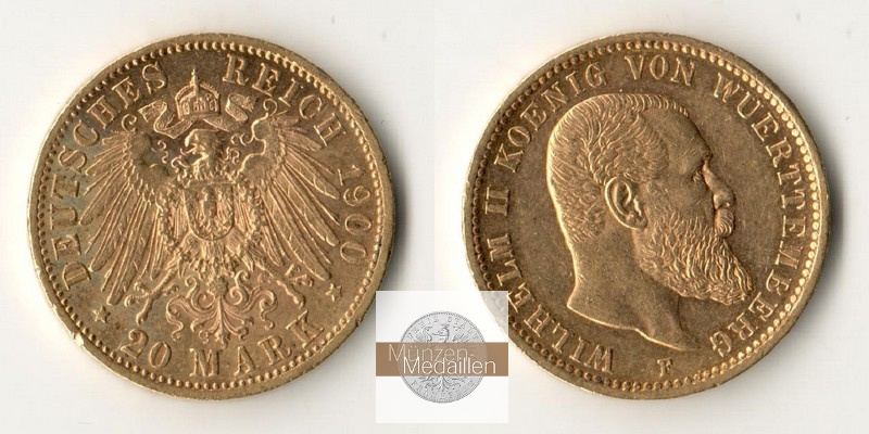 Württemberg, Kaiserreich  20 Mark MM-Frankfurt Feingold: 7,17g Wilhelm II. 1900 F 