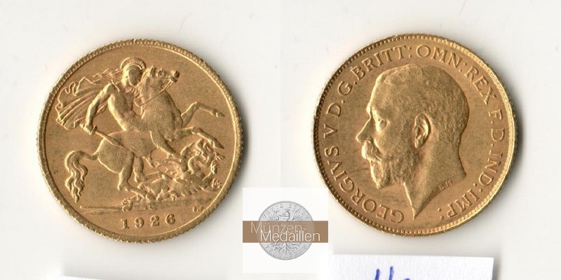 Grossbritannien MM-Frankfurt Feingewicht: 3,66g Gold 1/2 Sovereign 1926 SA sehr schön
