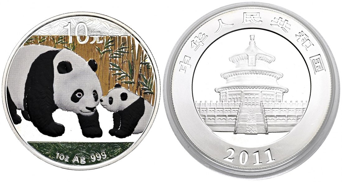 PEUS 1596 China Volksrepublik 31,1 g Feinsilber. Pandamutter und Kind 10 Yuan SILBER Unze Multicolor 2011 Proof (Kapsel)