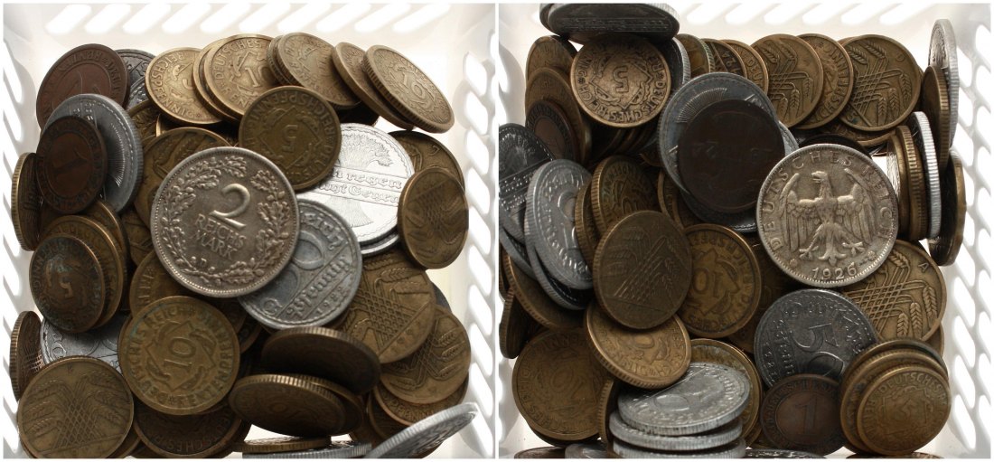  Deutschland: Lot von 100 Kleinmünzen der Weimarer Republik mit einer Silbermünze, siehe Bilder!   