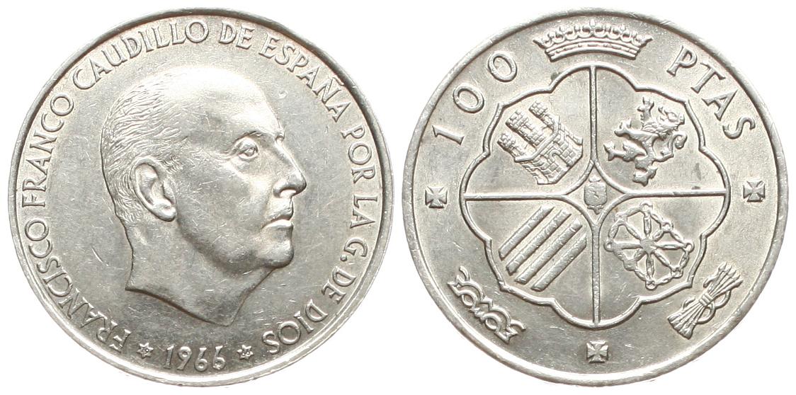  Spanien: 100 Pesetas 1966, F. Franco, KM# 797, 19,06 gr 900er Silber, Erhaltung!   