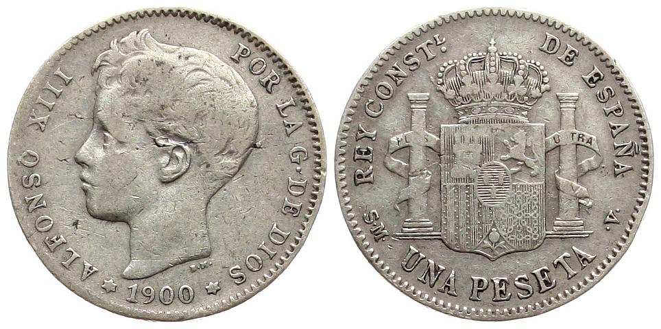  Spanien: Alfonso XIII., Un Peseta 1900, KM# 706, 5 gr. Silber (835), hübsche Erhaltung   