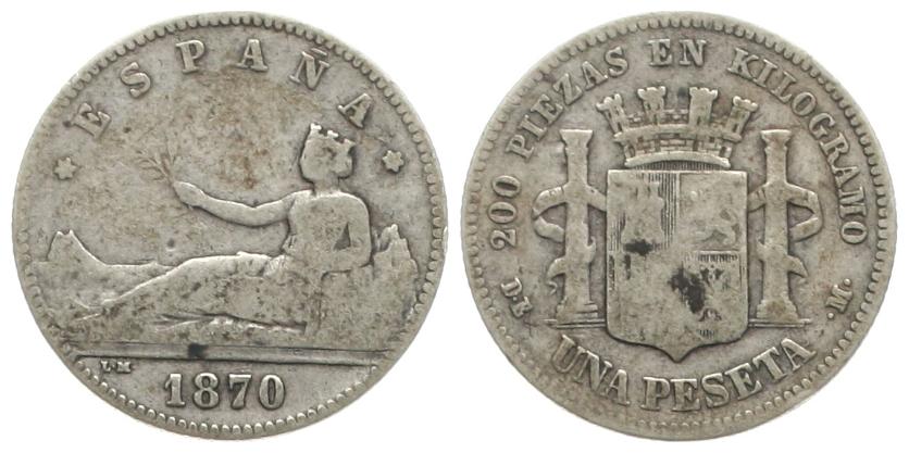  Spanien: 1 Peseta 1870, provis. Regierung, 4,8 gr. 835 er Silber, KM# 653   