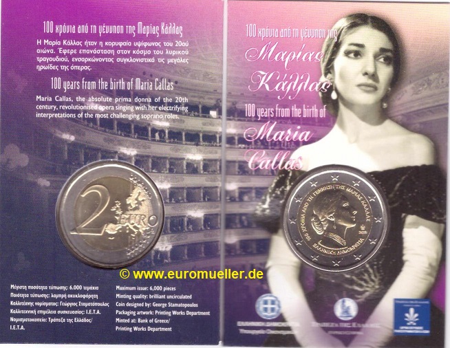 Griechenland 2 Euro Gedenkmünze 2023...Maria Callas...bu. in CC   
