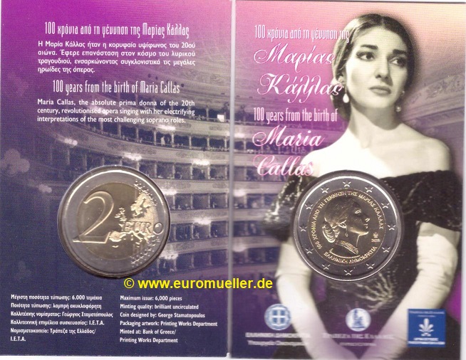 Griechenland 2 Euro Gedenkmünze 2023...Maria Callas...bu. in CC   