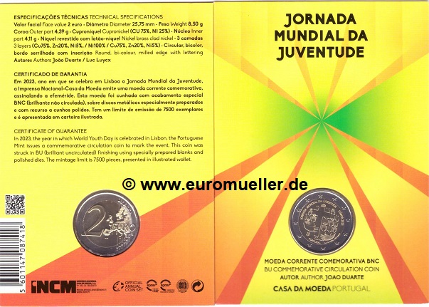 Portugal 2 Euro Gedenkmünze 2023...Weltjugendtag...bu. in CC   