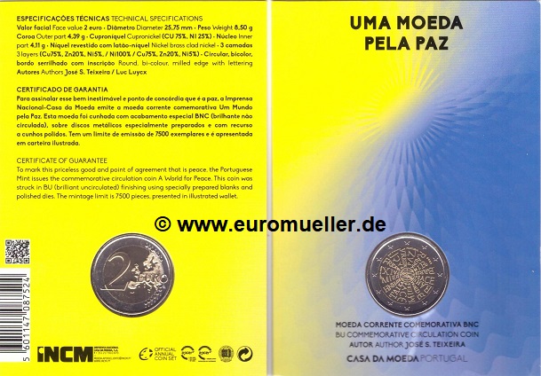 Portugal 2 Euro Gedenkmünze 2023...Friede...bu. in CC   