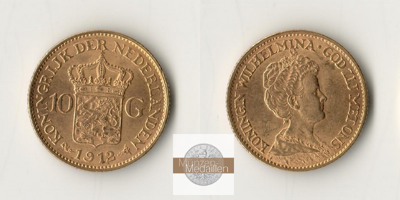 Niederlande MM-Frankfurt  Feingold: 6,06g 10 Gulden 1912 