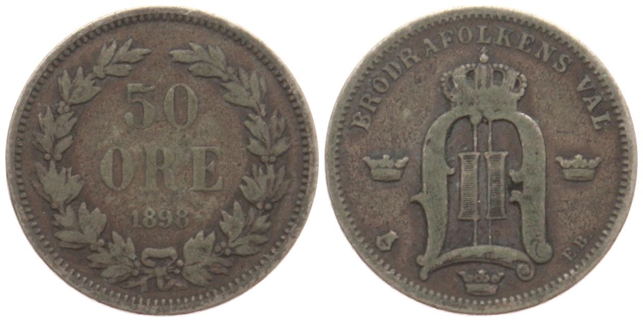  Schweden: Oskar II., 50 Øre 1898, 5 gr. 600er Silber, Sieg 40   
