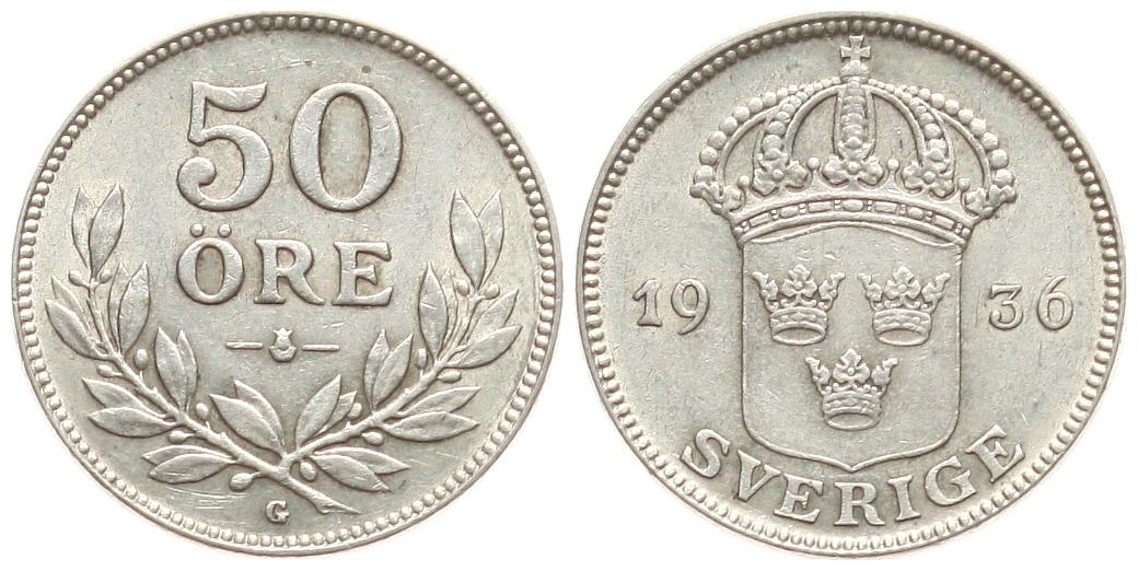  Schweden: Gustav V., 50 Øre 1936, 5 gr. 600 er Silber Sieg 42, TOP-Exemplar in vz+ !!   