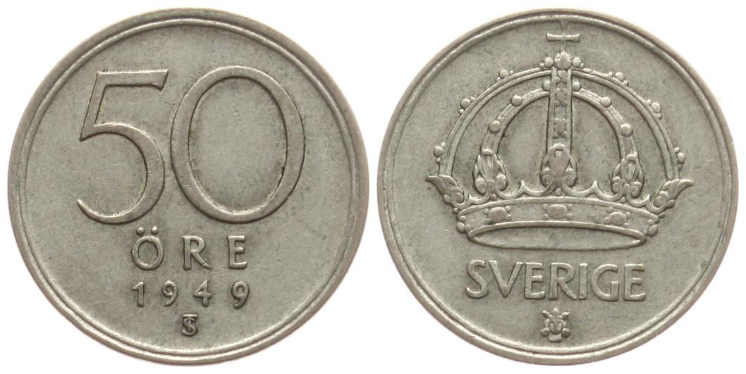  Schweden: Gustav V., 50 Øre 1936, 4,8 gr. 400 er Silber Sieg 44   