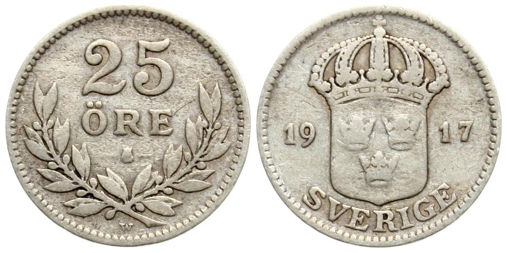  Schweden: Gustav V., 25 Øre 1917, 2,42 gr. 600 er Silber Sieg 34, hübsche Patina!   