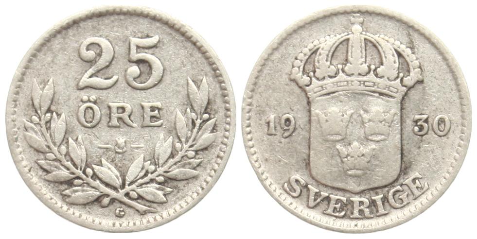  Schweden: Gustav V., 25 Øre 1930, 2,42 gr. 600 er Silber Sieg 34, hübsche Patina!   