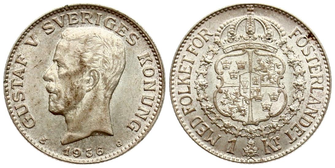  Schweden: Gustav V., 1 Krone 1936, 7,5 gr. 800 er Silber Sieg 5, vz, hübsche Patina!   