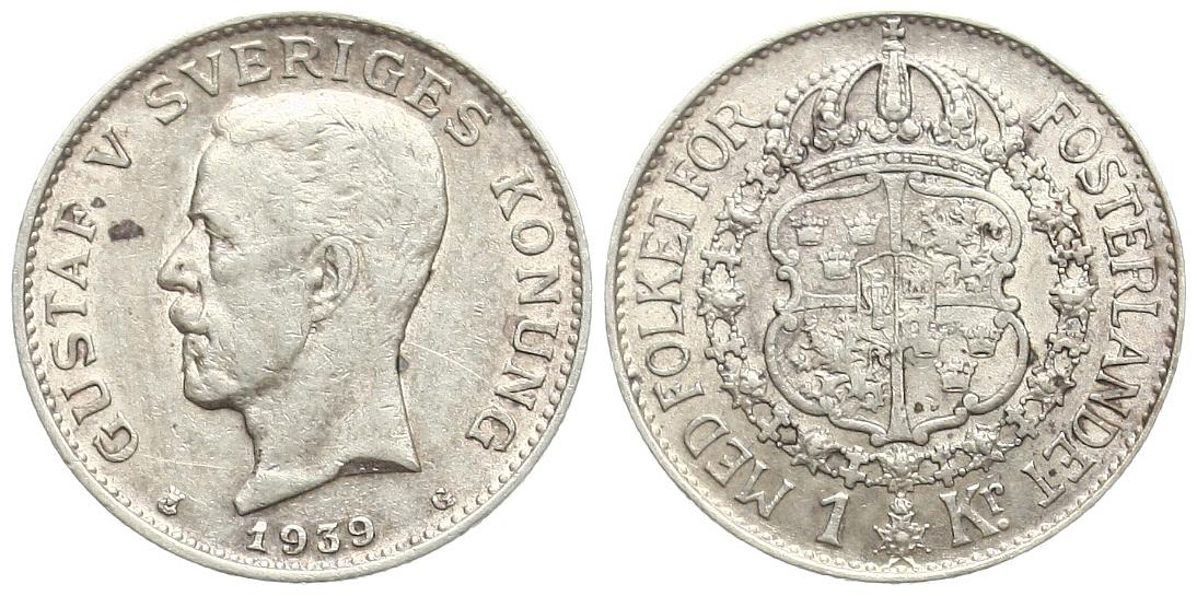  Schweden: Gustav V., 1 Krone 1939, 7,5 gr. 800 er Silber Sieg 5, hübsche Patina!   