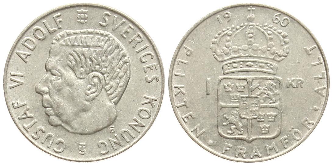  Schweden: Gustav VI Adolf., 1 Krone 1960, 7 gr. 400 er Silber Sieg 55, vz+!   