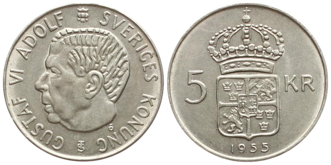  Schweden: Gustav VI Adolf., 5 Kroner 1955 TS, 18 gr. 400 er Silber Sieg 66, vz+!   