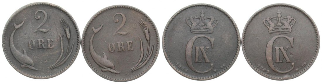  Dänemark: Christian IX., 2 x 2 Øre, Kupfer, 1886 und 1889   