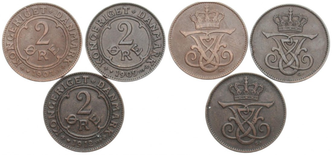  Dänemark: Frederik VIII., 3 x 2 Øre, Kupfer, 1907, 1909 und 1912, gute Qualitäten!   
