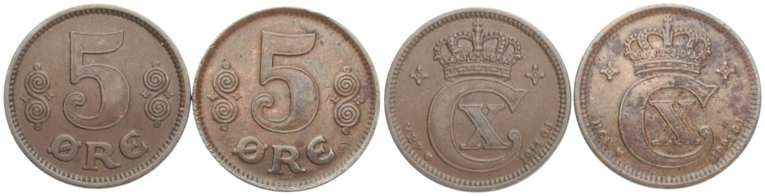  Dänemark: Christian X., 2 x 5 Øre, Kupfer, 1914 und 1921   