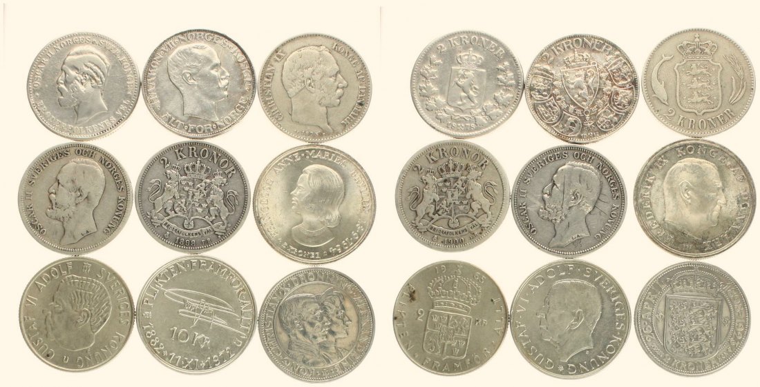  Wertvolles Lot von 14 skandinavischen Silbermünzen, Gewicht: 251,6 Gramm, alle Sammelwürdig!!   