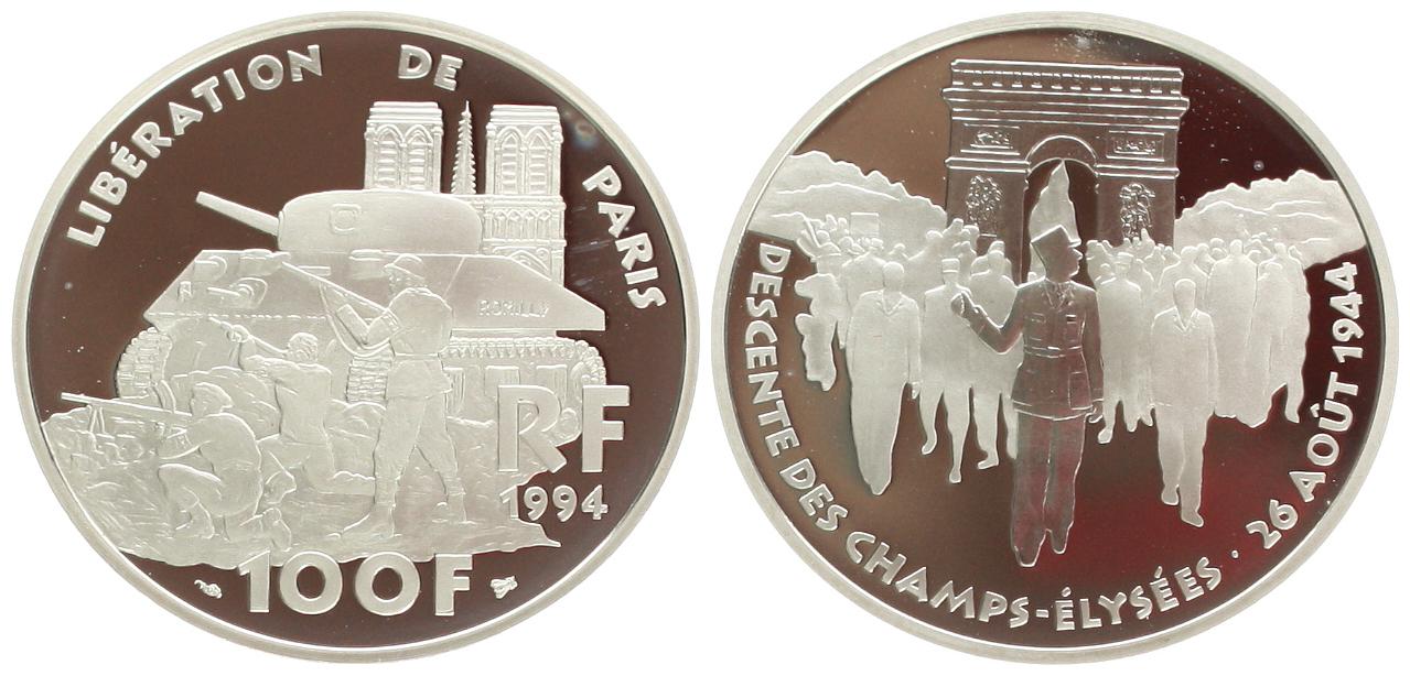  Frankreich: 100 Franc 1994, Befreiung von Paris, 22,2 gr. 900er Silber, 30.000 Ex.   