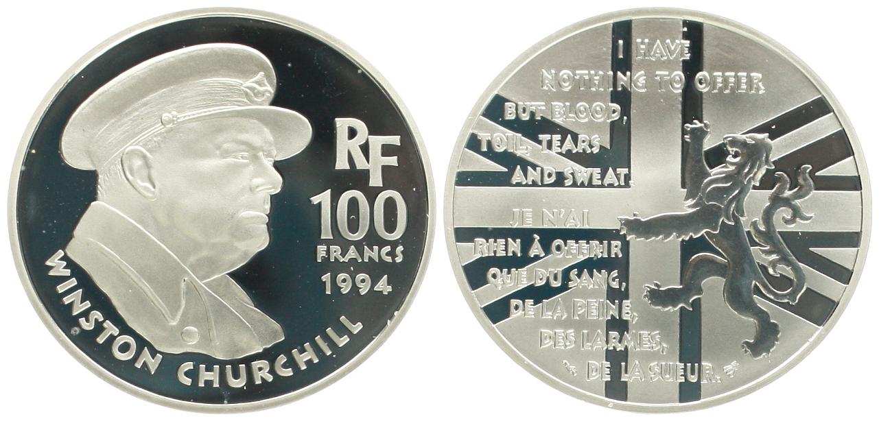 Frankreich: 100 Francs 1964 auf W. Churchil, 22,2 gr. 900er Silber   
