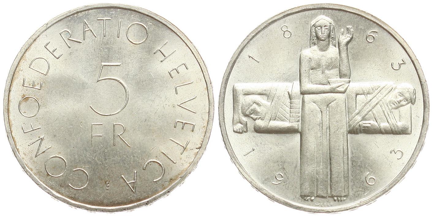  Schweiz: 5 Franken 1963 auf das Rote Kreuz, 15 gr. 835 er Silber, Erhaltung!   
