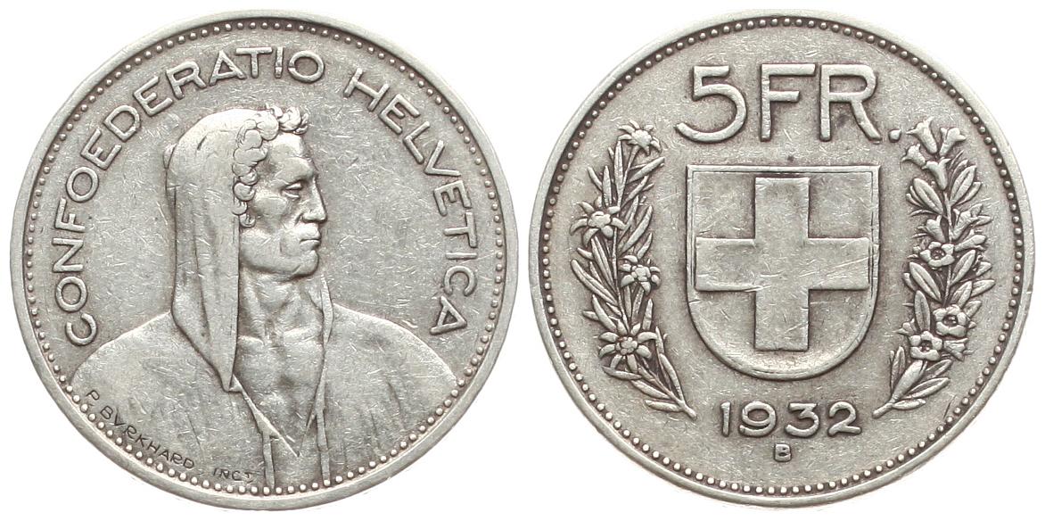  Schweiz: 5 Franken 1932, 15 gr. 835 er Silber, Erhaltung!   