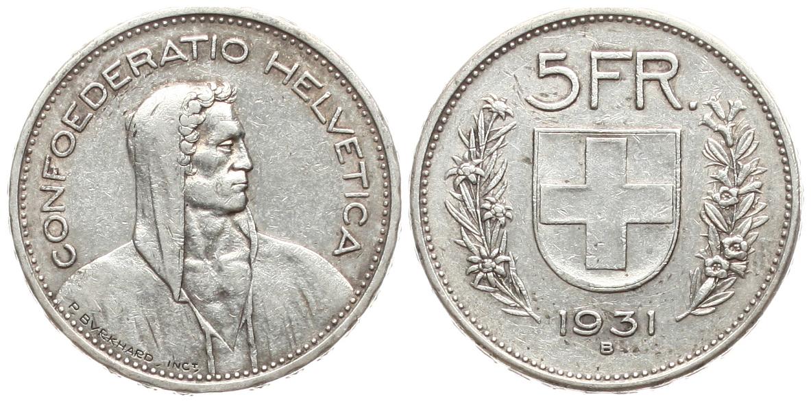  Schweiz: 5 Franken 1931, 15 gr. 835 er Silber, Erhaltung!   