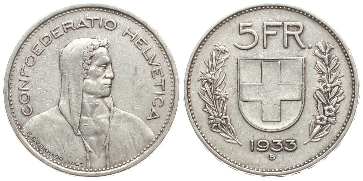  Schweiz: 5 Franken 1933, 15 gr. 835 er Silber, Erhaltung!   