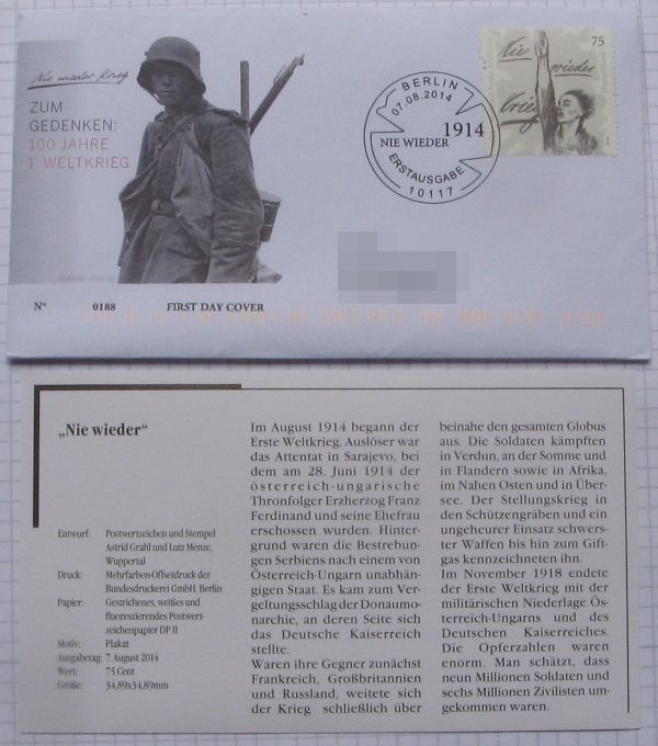  2014,Deutschland, Ersttagbrief mit Mi DE 3000-100 Jahre Ersten Weltkriegs-Nie wieder   