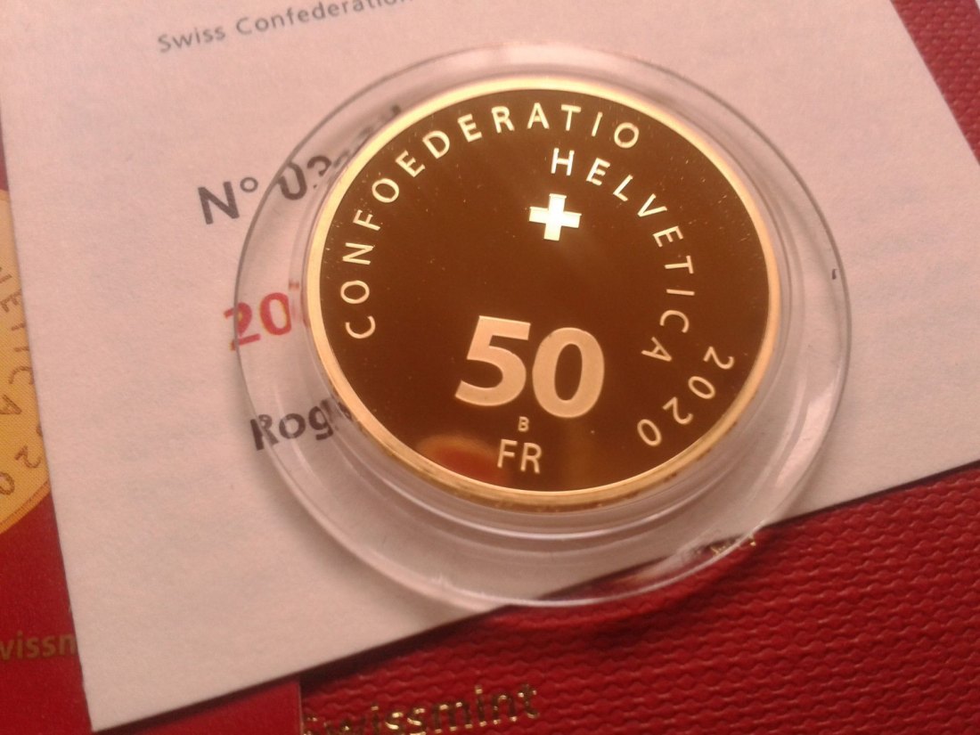  Original 50 Franken 2020 PP Schweiz Roger Federer 11,29g 900er Gold - seltene Sammlermünze   