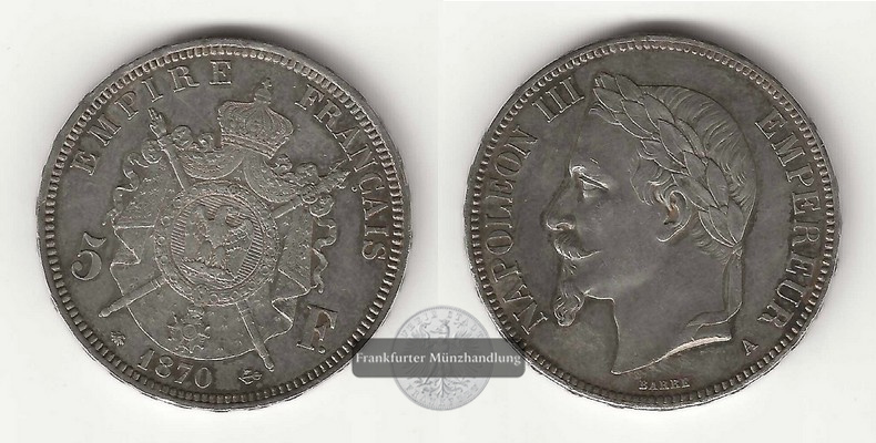  Frankreich  5 Francs 1870 A  FM-Frankfurt Feingewicht: 21,6g Silber   