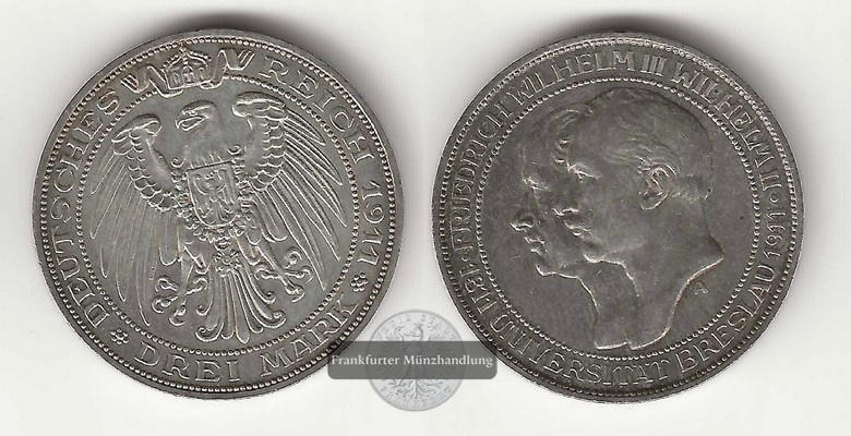  Deutsches Preussen, Wilhelm II. 3 Mark 1911 A  Uni Breslau   FM-Frankfurt Feinsilber: 15g   