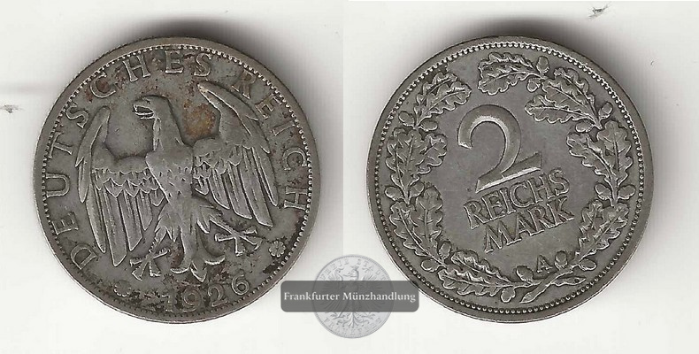  Deutschland, Weimarer Republik.  2 Reichsmark 1926 A  FM-Frankfurt Feinsilber: 5g   