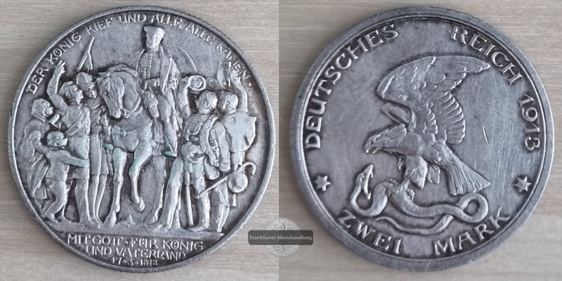  Deutsches Kaiserreich. Preussen, Wilhelm II. 2 Mark 1913 A Befreiung  FM-Frankfurt Feinsilber:10g   