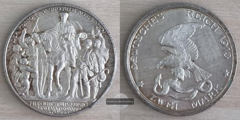  Deutsches Kaiserreich. Preussen, Wilhelm II. 2 Mark 1913 A Befreiung  FM-Frankfurt Feinsilber:10g   