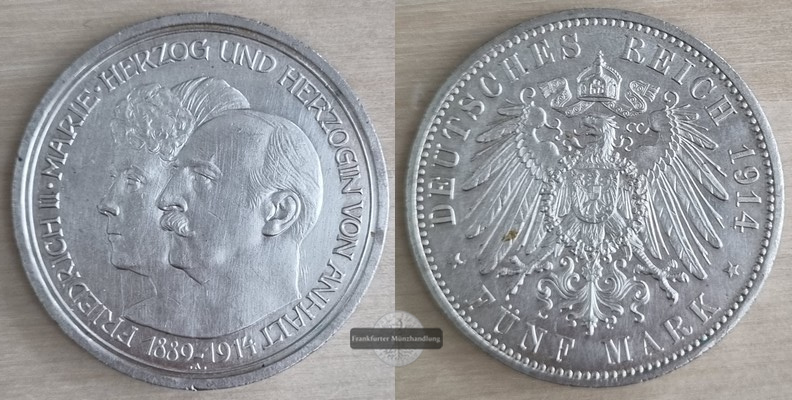  Anhalt Kaiserreich  5 DM  1914 A  FM-Frankfurt Feingewicht: 24.93g Silber   