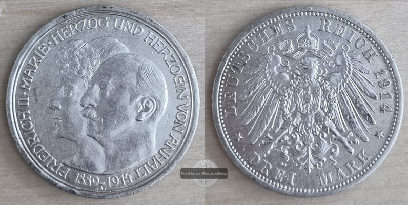  Anhalt Kaiserreich  3 DM  1914 A  FM-Frankfurt Feingewicht: 15g Silber   