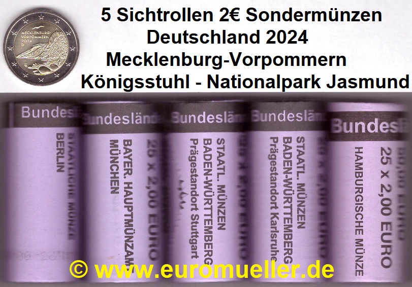 Deutschland 5 Rollen 2 Euro Gedenkmünze 2024...Meck.-Pom....A-J   
