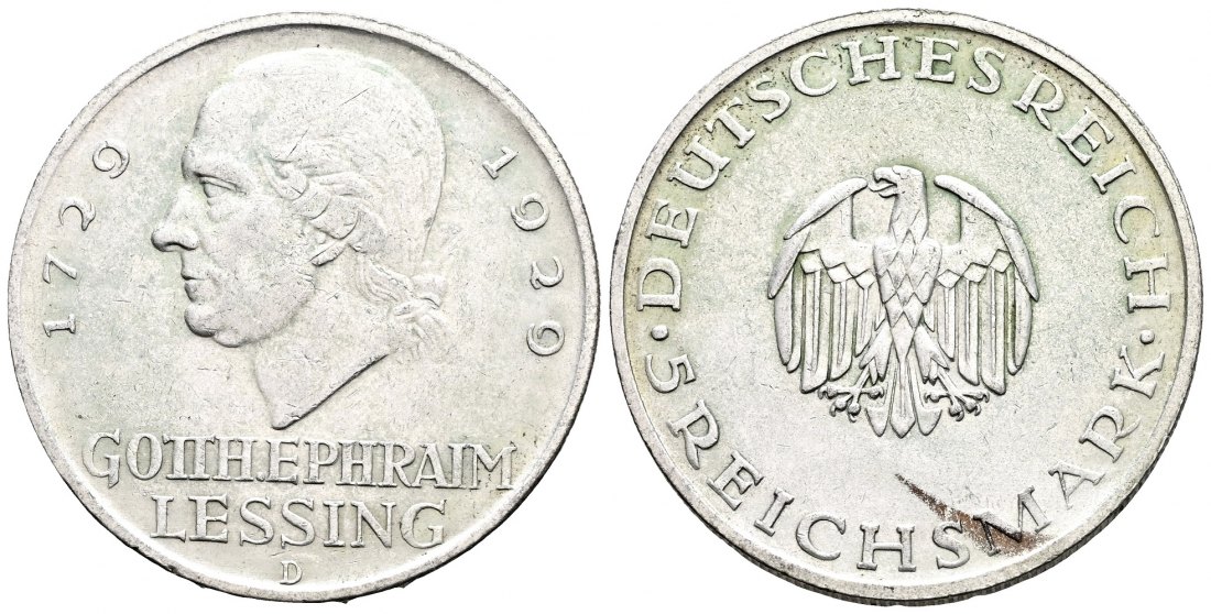 PEUS 1610 Weimarer Republik 200. Geburtstag von G.E. Lessing 5 Reichsmark 1929 D Sehr schön