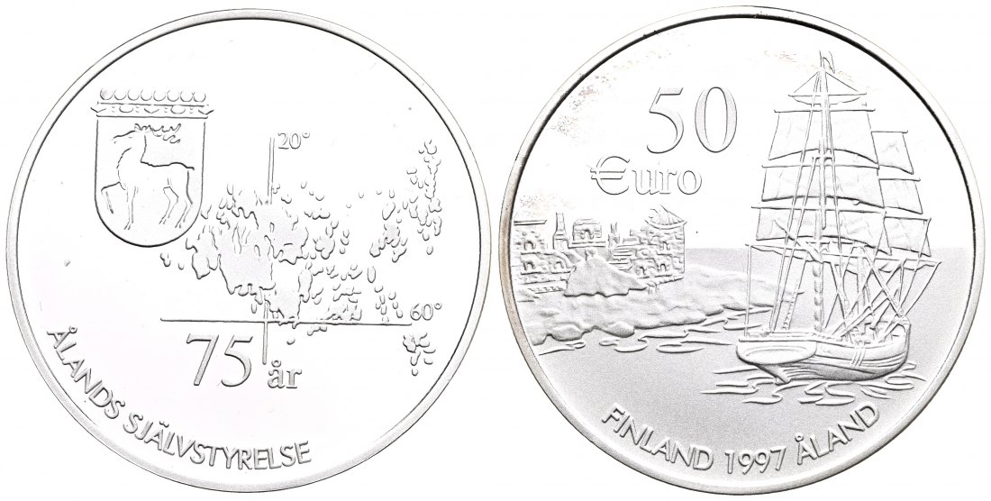 PEUS 1612 Finnland 25,07 g Feinsilber.  75 Jahre Selbstverwaltung Åland 50 Euro SILBER 1997 Proof (Kapsel)