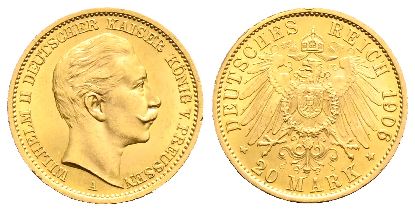 PEUS 1629 Preußen - Kaiserreich 7,16 g Feingold. Wilhelm II. (1888 - 1918) 20 Mark GOLD 1906 A Fast vorzüglich