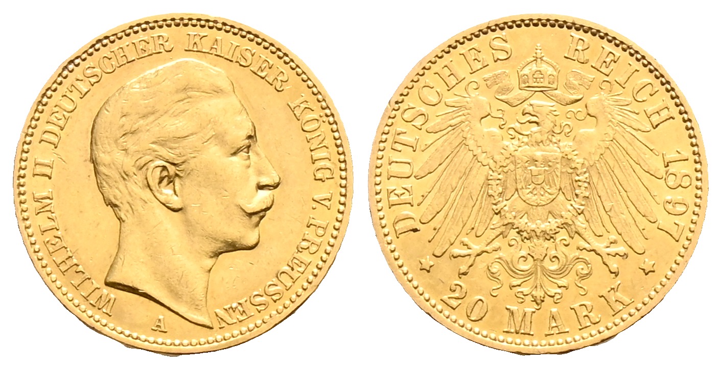 PEUS 1630 Kaiserreich - Preußen 7,16 g Feingold. Wilhelm II. (1888 - 1918) 20 Mark GOLD 1897 A Sehr schön