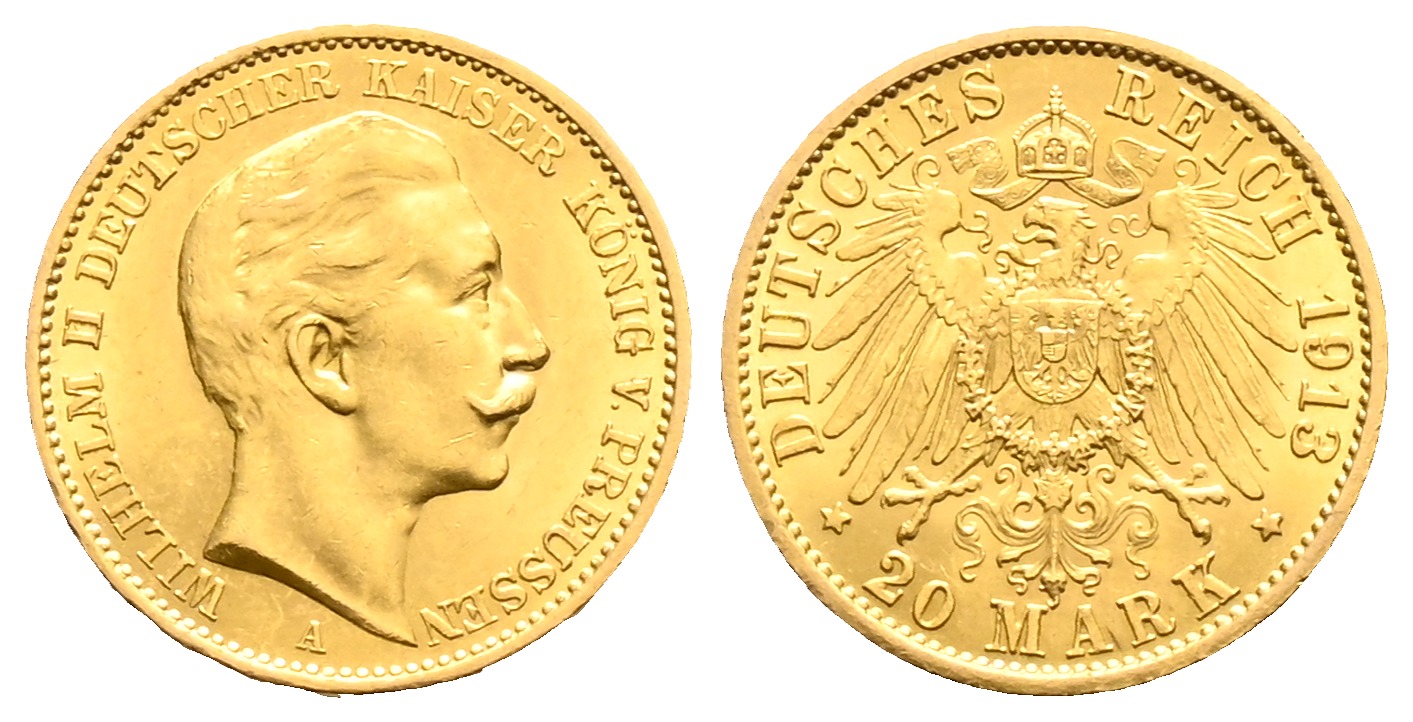 PEUS 1631 Kaiserreich - Preußen 7,16 g Feingold. Wilhelm II. (1888 - 1918) 20 Mark Gold 1913 A Sehr schön / Vorzüglich