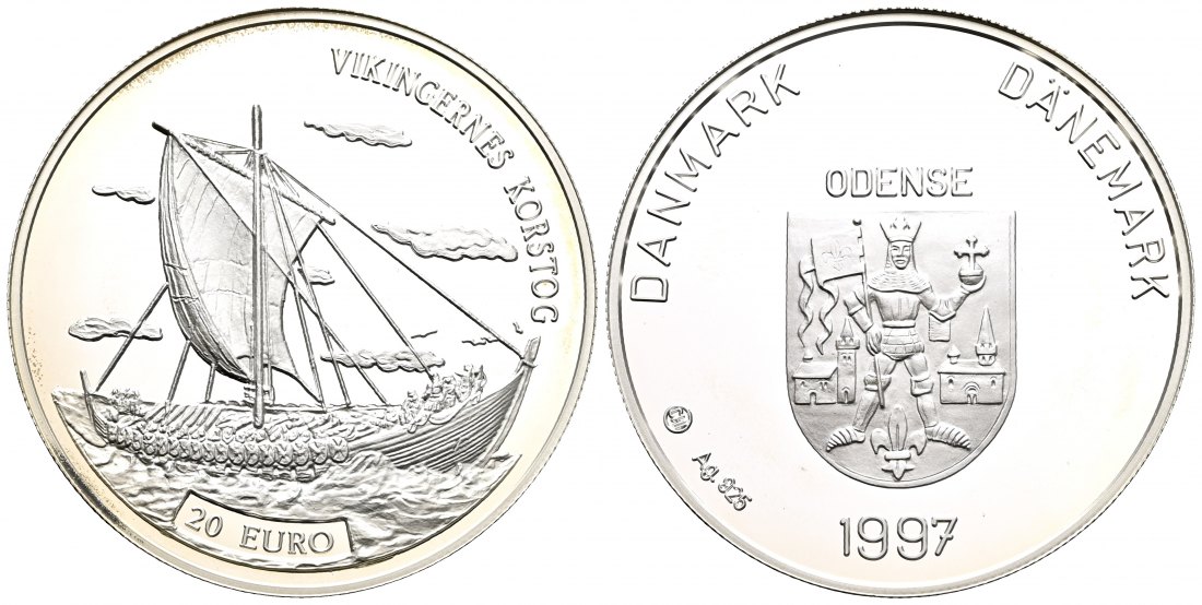 PEUS 1615 Dänemark 23,13 g Feinsilber. Odense Wappen / Wikingerschiff 20 Euro SILBER 1997 Proof (Kapsel)