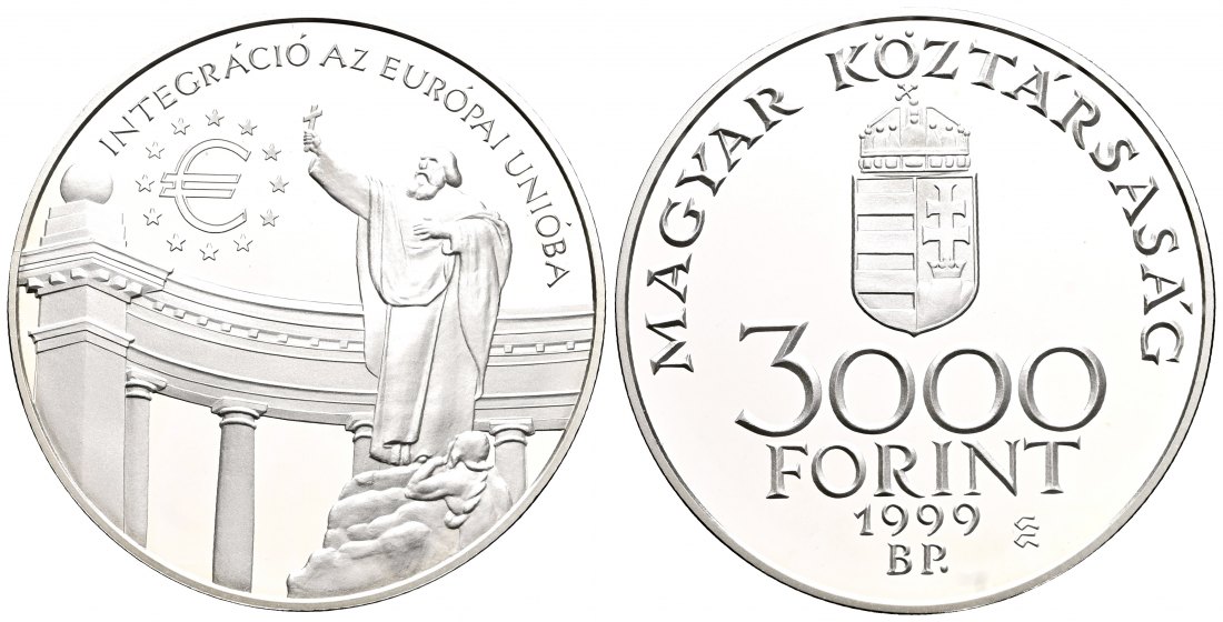 PEUS 1616 Ungarn 29,1 g Feinsilber. EU Statue an Euro Logo 3000 Forint Silber 1999 Proof (Kapsel)